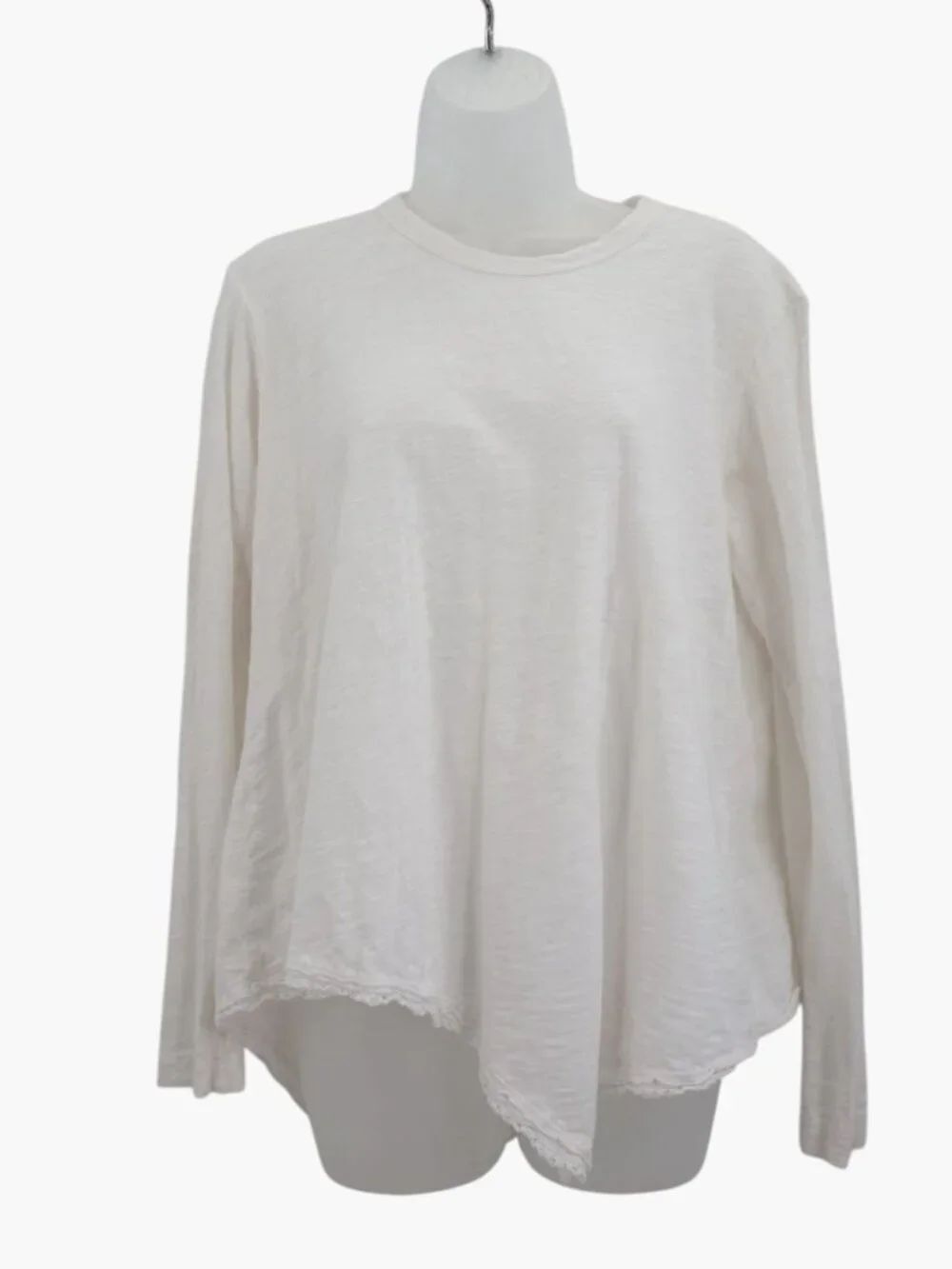 Wilt Womens Long Sleeve Asymmetric Hem Tee Small White Slub Cotton Lace Trim Top